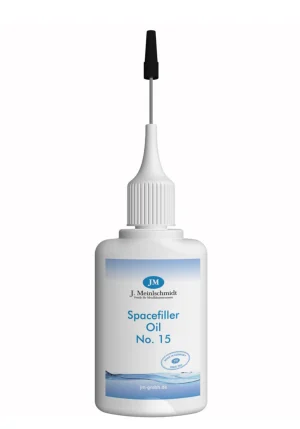 Eine weiße Plastikflasche mit schwarzem Applikator für "JM Spacefiller Öl No. 15" vor einem weißen Hintergrund.