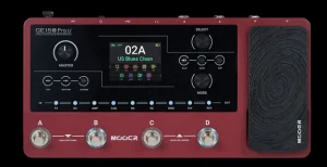 Das Bild zeigt ein rotes Mooer GE-150 Pro Multi-Effektgerät für Gitarre mit einem Display, mehreren Drehreglern, vier Fußschaltern und einem Expression-Pedal.