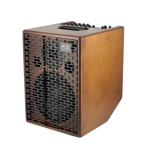 Ein Acus Simon 8 Akustikverstärker mit braunem Holzgehäuse und schwarzem Lautsprechergitter ist auf einem weißen Hintergrund zu sehen.