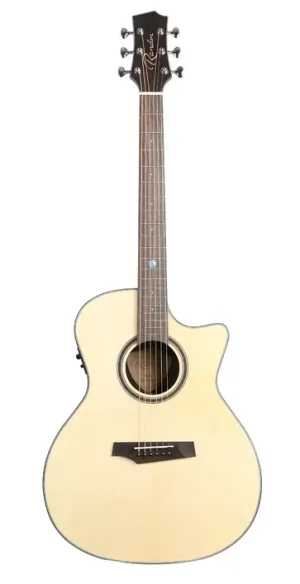 Eine Randon RG-14RCE Westerngitarre mit hellem, fast weißem Korpus, dunklem Griffbrett und Kopfplatte sowie silberfarbenen Mechaniken steht aufrecht vor einem weißen Hintergrund.