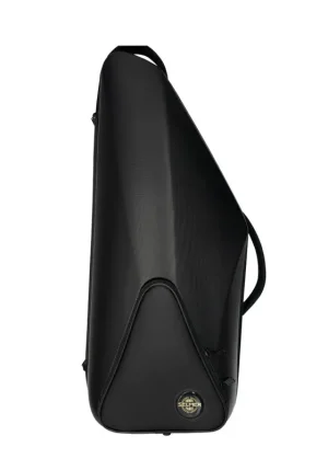 Eine schwarze, hochglänzende, trapezförmige Tragetasche mit einem Tragegriff an der Oberseite und einer Schlaufe an der Seite steht aufrecht.