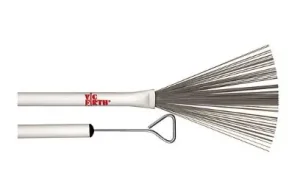 Dargestellt ist ein Vic Firth WB Wire Brush Jazz-Besen mit weißem Griff, aus dem graue Metalldrähte fächerförmig herausragen, sowie der dazugehörige Draht, mit dem die Drähte gespannt werden können.