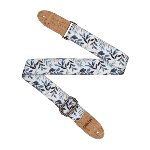 Ein veganer Cascha CUS-VC3 Ukulele-Gurt mit Korkenden und einem blauen Zweigmuster auf weißem Grund ist zickzackförmig auf einem schwarzen Hintergrund angeordnet.