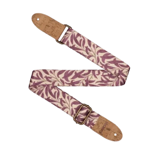 Ein veganer Ukulele-Gurt von Cascha mit Korkenden und einem Mauve-Blätter-Muster ist auf einem schwarzen Hintergrund zu sehen.