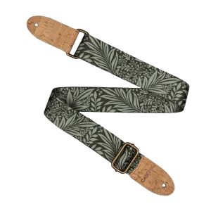 Eine gewundene, olivgrün-farbene Ukulele Gurt "Cascha CUS-VC8 Ukulele Gurt Vegan Kork - Olive Jungle" ist mit einem floralen Muster verziert und hat Endstücke aus Kork.