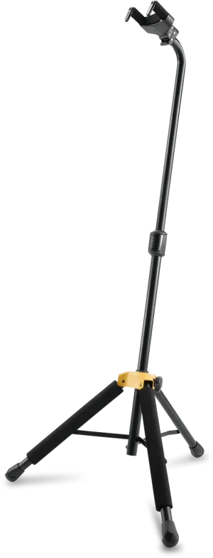 Der schwarze Hercules 414B Plus Gitarrenständer mit gelben Elementen ist auf einem schwarzen Hintergrund abgebildet.