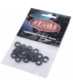 Das Bild zeigt eine durchsichtige Plastikverpackung der Marke Tama mit der Aufschrift "GENUINE FACTORY PARTS", die eine Ansammlung schwarzer Tama PW620 Unterlegscheiben aus Nylon enthält.