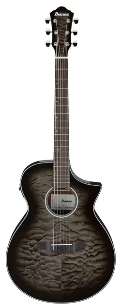 Das Bild zeigt eine Ibanez AEWC16QA-TKH Westerngitarre in einem dunklen Farbton mit geflammter Ahornoptik auf Korpus und Kopfplatte.