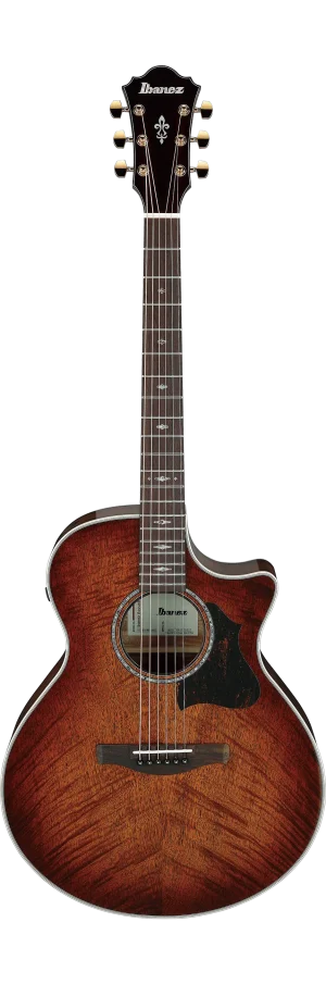 Das Bild zeigt eine Ibanez AE340FMH-MHS Westerngitarre mit einem braunen, geflammten Ahornkorpus, einem Cutaway, einem dunklen Hals und Kopfplatte sowie goldfarbenen Mechaniken vor einem schwarzen Hintergrund.