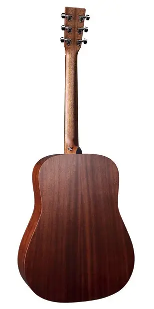 Das Bild zeigt die Rückseite einer MARTIN D-10E-01 SAT/SAP Westerngitarre mit braunem Korpus und hellem Hals.