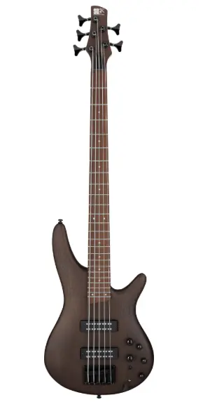 Abgebildet ist ein Ibanez SR305EB - WNF E-Bass mit fünf Saiten vor einem weißen Hintergrund, der einen matten, dunkelbraunen Korpus und einen dunklen Hals mit schwarzen Mechaniken hat.