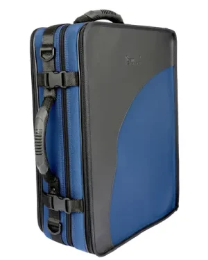 Der abgebildete BAM A & Bb - Klarinetten-Doppelkoffer deutsch 3028SDM ist blau und grau, mit schwarzen Elementen wie Griffen, Gurten und einer Umrandung.