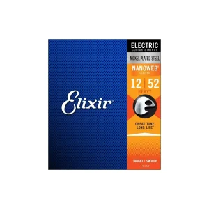 Eine Packung Elixir 12152 NANOWEB E-Gitarren Saiten mit blauem Hintergrund, orangenem Farbverlauf und der Aufschrift "ELECTRIC NICKEL PLATED STEEL" ist abgebildet.