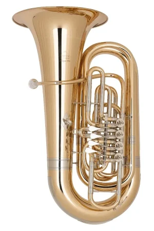 Das Bild zeigt frontal eine goldfarbene Miraphone Bb-Tuba vom Typ 494 A 11000 "Hagen 494" mit silberfarbenen Ventilen.