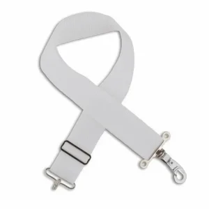 Der Ludwig LF382W Trommelgurt ist ein weißer, verstellbarer Gurt mit einem schwarzen Clip zur Längenanpassung und Metallhaken zur Befestigung.