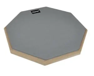 Ein graues, achteckiges PP-120 Hayman Übungsdrumpad mit einem hellbraunen Holzrahmen liegt vor einem neutralen Hintergrund.