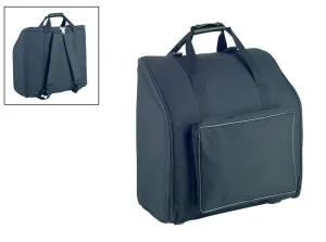 Eine schwarze Steirische Harmonika-Tasche aus italienischer Herstellung mit der Kennzeichnung Z-034PR-BK wird gezeigt, die über einen Tragegriff, eine aufgesetzte Außentasche mit weißer Umrandung sowie einen kleinen Bildausschnitt eines Tragesystems mit Schultergurten verfügt.