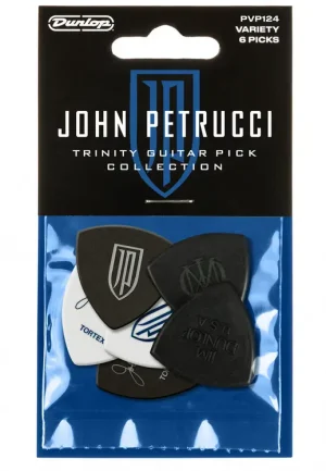 Die Abbildung zeigt eine Verpackung von Dunlop John Petrucci Trinity Guitar Pick Collection, bestehend aus sechs Plektren unterschiedlicher Farben und Designs, darunter weiße und schwarze Ausführungen mit diversen Aufdrucken in Silber oder Weiß.