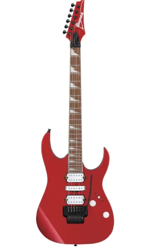 Das Bild zeigt eine rote Ibanez RG470DXW-CA E-Gitarre mit einem hellen Griffbrett und weißen Tonabnehmern vor einem weißen Hintergrund.