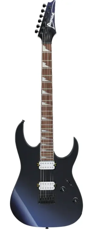 Das Bild zeigt eine Ibanez RG421DX-TWS E-Gitarre mit einem schwarz-blau verlaufenden Korpus, einem Ahorngriffbrett mit weißen Haifischzahn-Inlays und schwarzen Hardware-Komponenten.