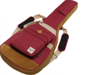 Die Ibanez IGB541-WR Gitarrentasche in Weinrot, Beige und Braun zeigt eine aufgesetzte Fronttasche, Schultergurte mit Polstern und eine Gitarrenform.