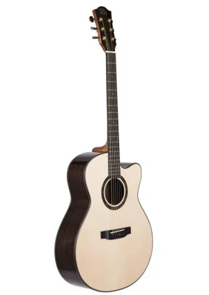 Eine Duke GA-PF-Cut Westerngitarre mit hellem Korpus, dunklem Zargen und dunklem Kopf ist vor einem weißen Hintergrund abgebildet.