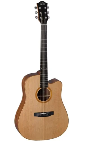 Eine Duke D-MC-Cut Westerngitarre mit hellem Holzkorpus, dunklem Griffbrett und silberfarbenen Mechaniken wird in einer Frontalansicht gezeigt.