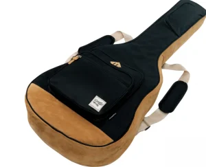 Eine Ibanez IAB541-BK-Tasche für Akustikgitarren, die schwarz und hellbraun ist und eine aufgesetzte schwarze Tasche mit einem einzelnen gelben Reißverschluss sowie cremefarbene Tragegurte hat.