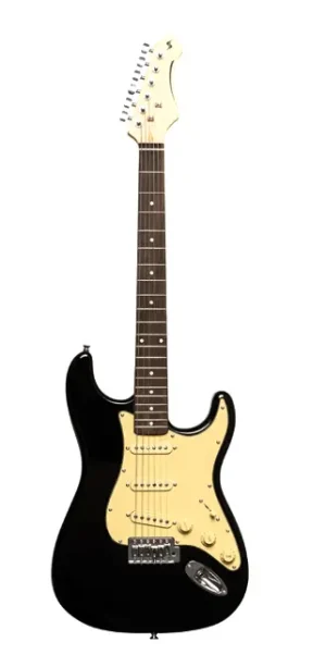 Das Bild zeigt eine STAGG SES-30 BK 3/4 E-Gitarre mit schwarzem Korpus und cremefarbenem Schlagbrett vor einem weißen Hintergrund.