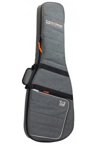 Eine graue, gesteppte TGI 4830 Extreme Series Electric Guitar Gig Bag steht aufrecht und verfügt über schwarze Riemen und orangefarbene Akzente.