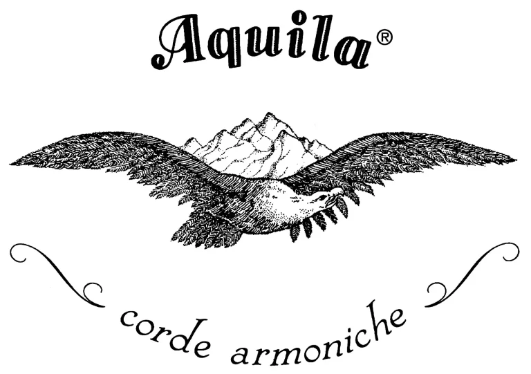 Das schwarz-weiße Logo zeigt einen stilisierten, fliegenden Adler vor einer Bergkette mit dem Schriftzug "Aquila" darüber und "corde armoniche" darunter, eingerahmt von dekorativen Schnörkeln.