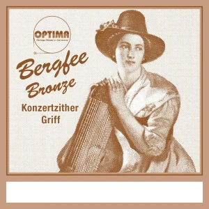Das braun gefärbte Etikett für Optima 661547 Konzertzither Griffsatz 1251.M zeigt eine Frau mit Hut, die eine Zither unter dem Arm hält.