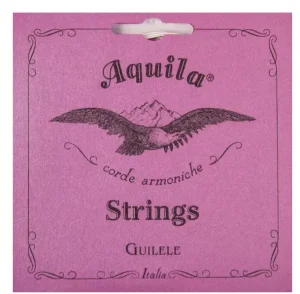 Die rosafarbene Verpackung der Aquila 96C Guitarlele Saiten zeigt einen stilisierten Adler über einem Berg und trägt die Aufschrift "Aquila corde armoniche Strings GUILELE Italia".