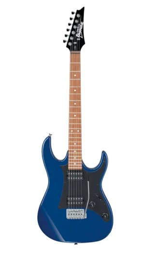 Das Bild zeigt eine blaue Ibanez IJRX20 E-Gitarre mit schwarzem Schlagbrett und Kopfplatte, hellem Gitarrenhals und silberfarbener Hardware, freigestellt auf weißem Hintergrund.