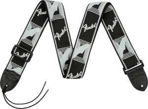 Ein schwarzer Fender Monogrammed Gitarrengurt mit hellgrauen Logos und geometrischen Mustern sowie schwarzen Lederenden ist auf einem schwarzen Hintergrund abgebildet.