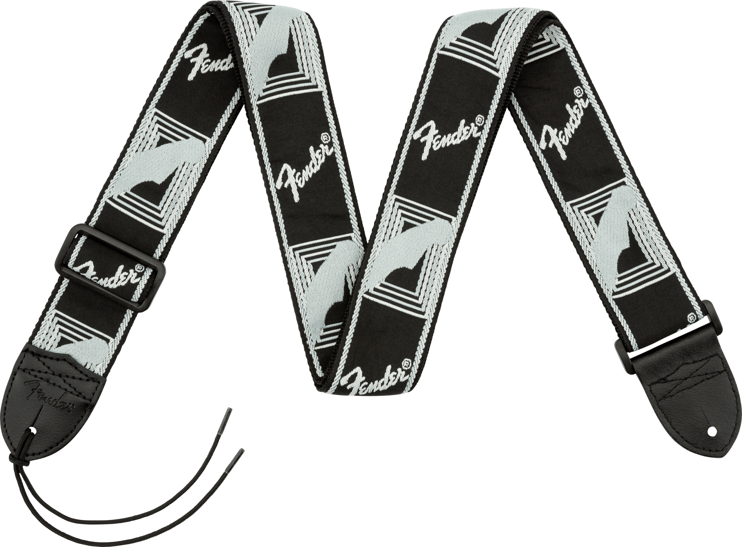 Ein schwarzer Fender Monogrammed Gitarrengurt mit hellgrauen Logos und geometrischen Mustern sowie schwarzen Lederenden ist auf einem schwarzen Hintergrund abgebildet.