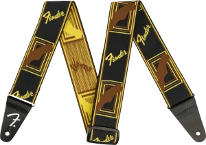 Ein aufgeklappter Fender WeighLess Monogram Gitarrengurt in Schwarz, Gelb und Braun mit lederartigen Endstücken ist auf einem schwarzen Hintergrund zu sehen.