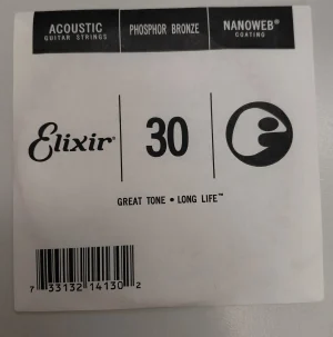 Das Bild zeigt die Verpackung einer einzelnen Elixir Akustikgitarren-Saite aus Phosphorbronze mit Nanoweb-Beschichtung, Stärke .030.