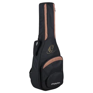 Eine schwarze Ortega-Tasche für Konzertgitarren, die seitlich steht und braune Akzente sowie ein goldenes "O"-Logo aufweist, mit dem Schriftzug "ortegaguitars" im unteren Bereich.