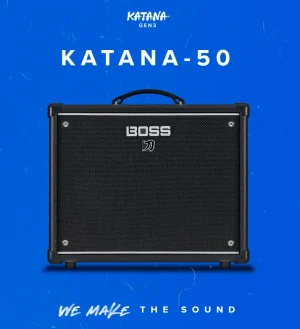 Das Bild zeigt einen schwarzen Gitarrenverstärker vom Typ Boss Katana 50 Gen 3 vor einem hellblauen Hintergrund, mit dem Schriftzug "KATANA-50" und dem Slogan "WE MAKE THE SOUND".