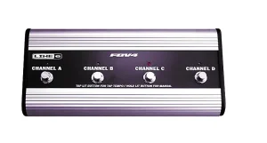 Der silberne Line 6 FBV4-Vorführmodell-Fußschalter hat eine schwarze Bedienfläche mit vier silbernen runden Knöpfen, beschriftet mit CHANNEL A, CHANNEL B, CHANNEL C und CHANNEL D.