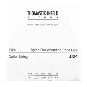 Das Bild zeigt die Verpackung einer Thomastik-Infeld PJ24 Gitarrensaite B, einer einzelnen .024 Nylon Flat Wound Saite auf Rope Core, mit dem Firmenlogo, der Webadresse und technischen Spezifikationen auf weißem Hintergrund.