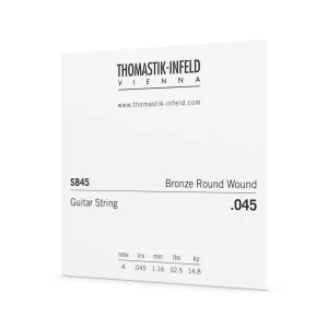 Das rechteckige, weiße Etikett einer Thomastik SB45 Single .045 Bronze Round Wound Gitarrensaite A.