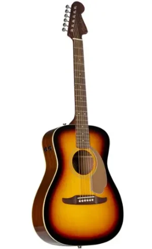 Eine Fender Malibu Player WN Sunburst Akustikgitarre steht aufrecht, mit einem braunen Korpus, der in der Mitte gelblich ist, einem dunklen Schlagbrett und einem braunen Hals mit silberfarbenen Stimmmechaniken.