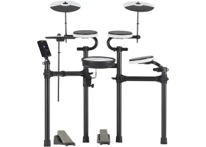 Dieses Bild zeigt ein schwarzes Roland TD-02KV E-Drum/Schlagzeug mit weißen Sitzflächen und Becken auf einem weißen Hintergrund.