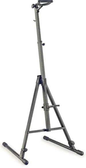 Stagg SV-EDB/ECL, ein höhenverstellbarer und klappbarer, schwarzer Metallständer für elektrische Kontrabässe oder E-Cellos mit Stativbasis und gepolsterter Instrumentenhalterung.