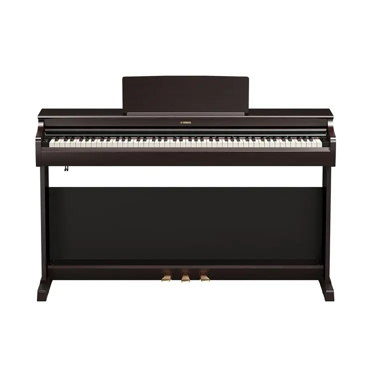 Ein dunkelbraunes Yamaha Digital Piano YDP-166 R mit Tastaturabdeckung, Notenständer und drei Pedalen im unteren Bereich vor weißem Hintergrund.