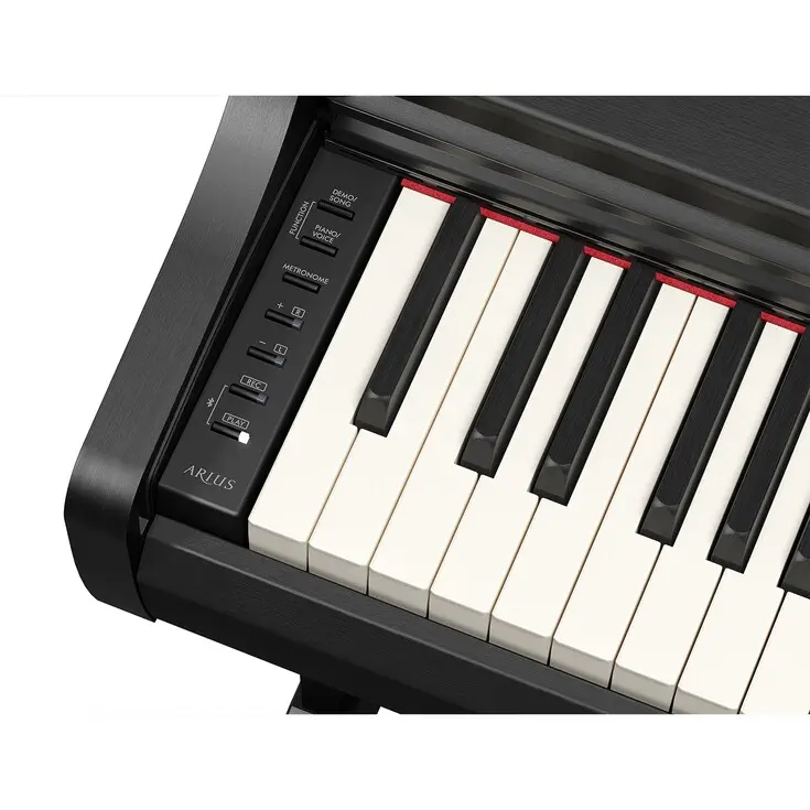 Nahaufnahme der linken Seite der schwarz-weißen Klaviatur und der vertikalen Bedienleiste des schwarzen Yamaha Digital Pianos YDP-166 B mit dem Modellschriftzug „ARIUS“.